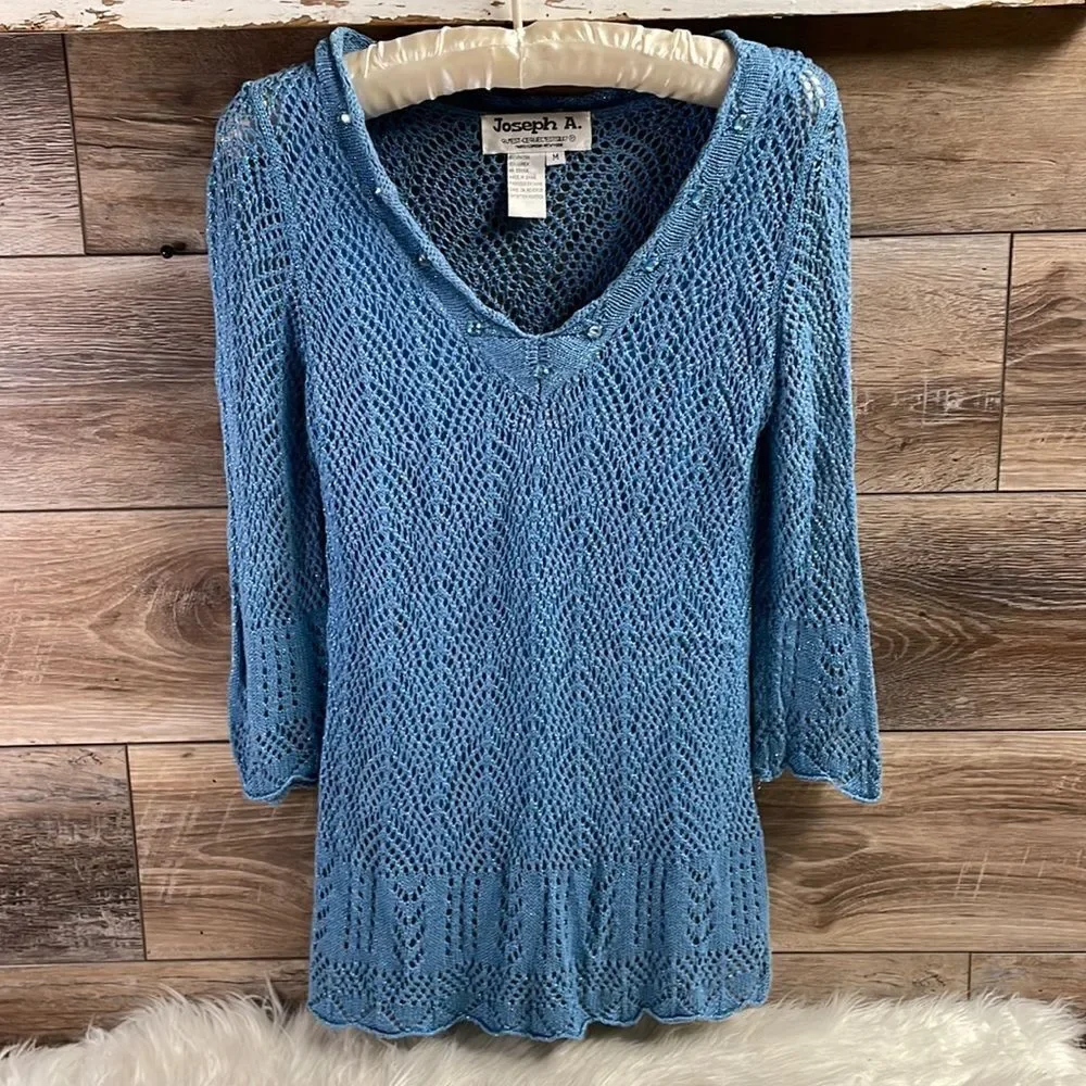 Joseph A Ladies Open Knit Sweater Sz Medium Blue W/Silver Threads Built in Camis
